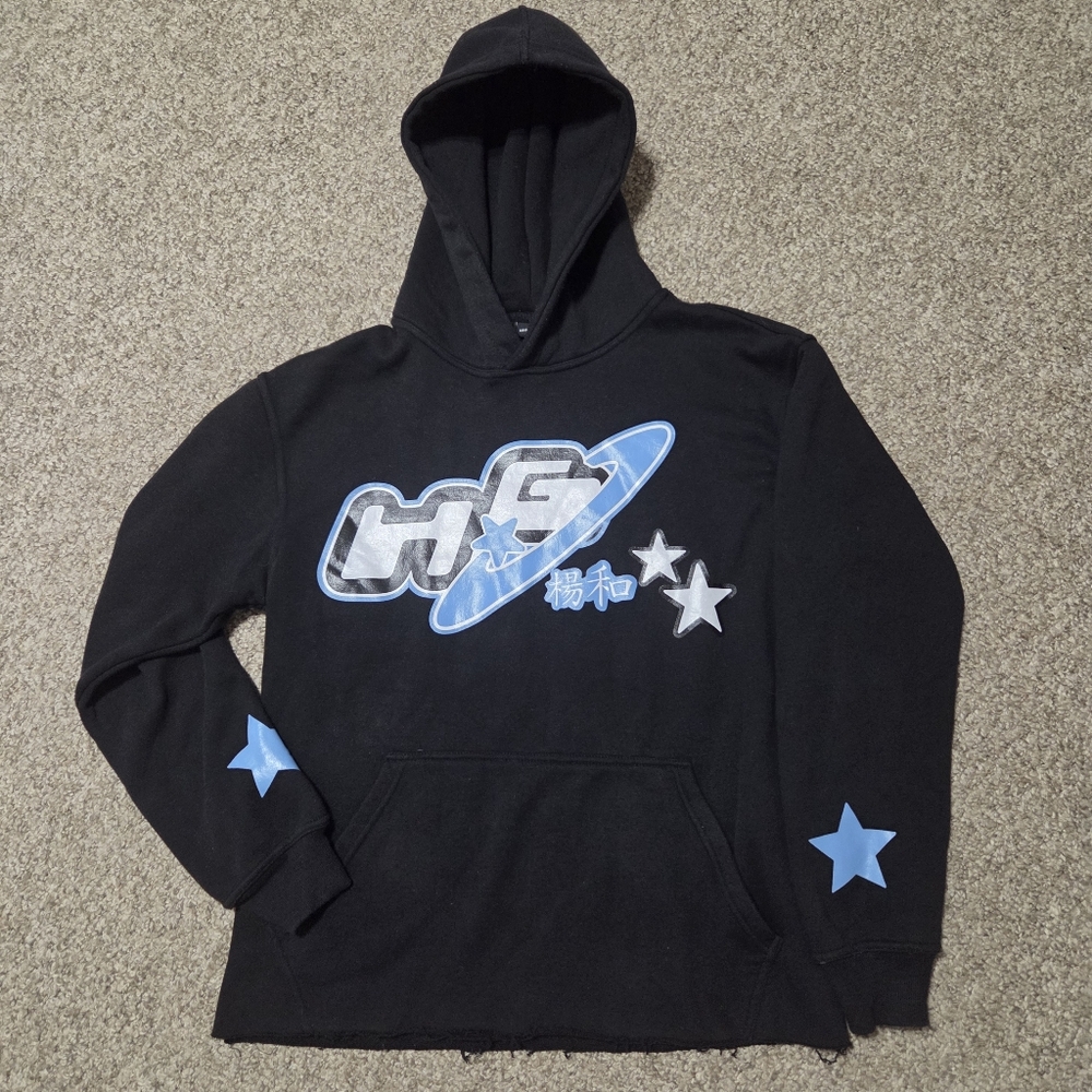 Heavens Gates Y2K Black and Baby Blue Star Hoodie‎  Size LARGE